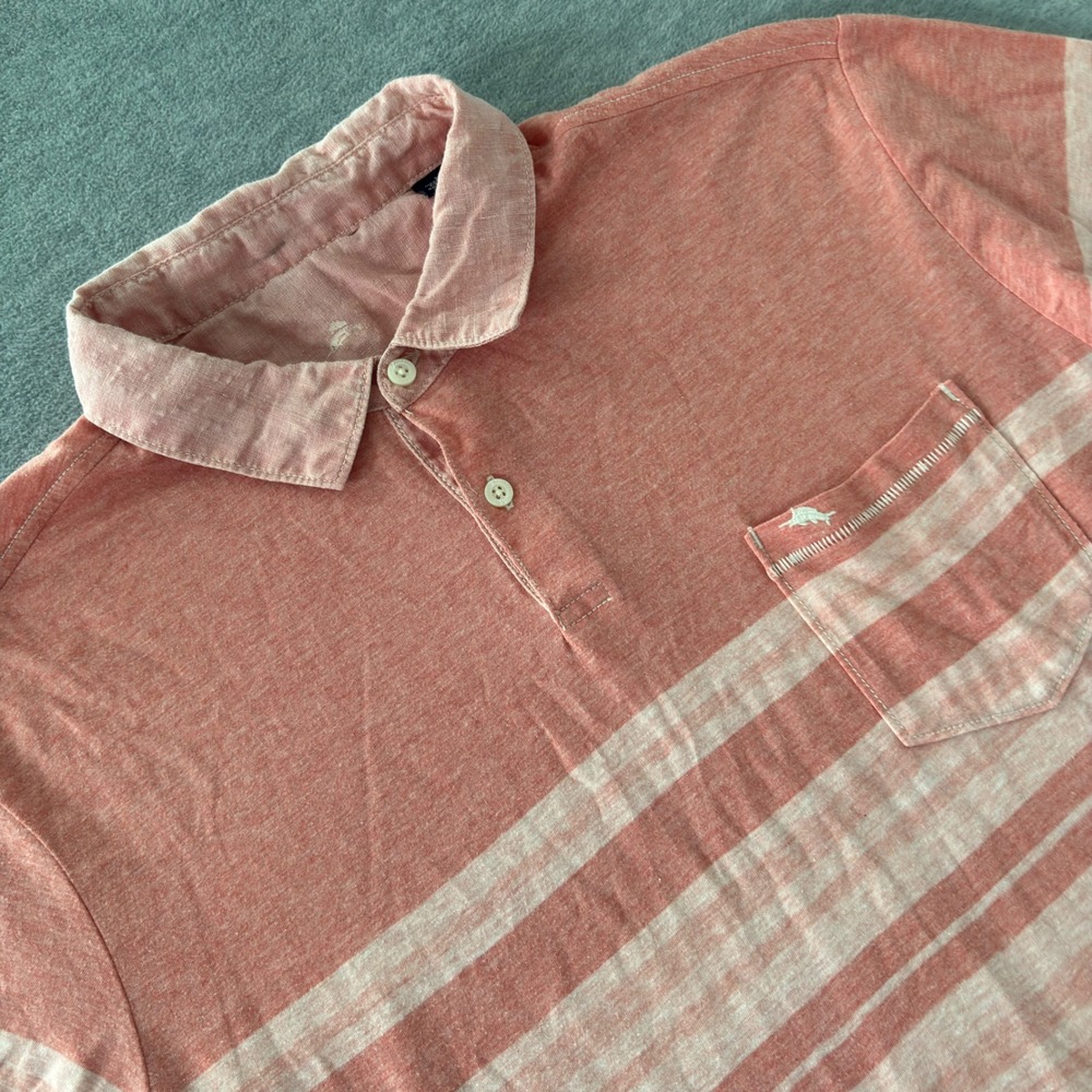 Tommy Bahama Men Large Coral Striped Cotton Blend Short Sleeve Pocket Polo Shirt